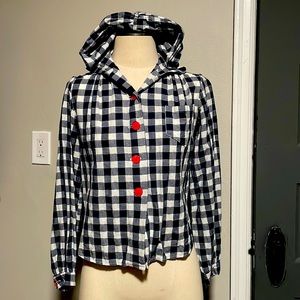 Freddies of Pinewood Blue White Check Plaid HOODED Button Up Blouse 1940s Style